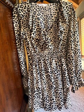 Leopard Print Ruffle Mini Dress - Black & Beige